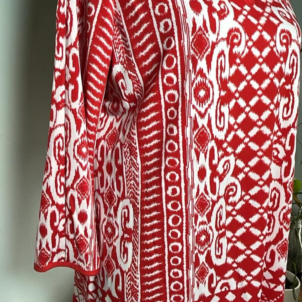 Susan Graver Ikat Red and White Tunic SZ SM 3/4 Sleeve Business Wear Lagenlook - Picture 7 of 9